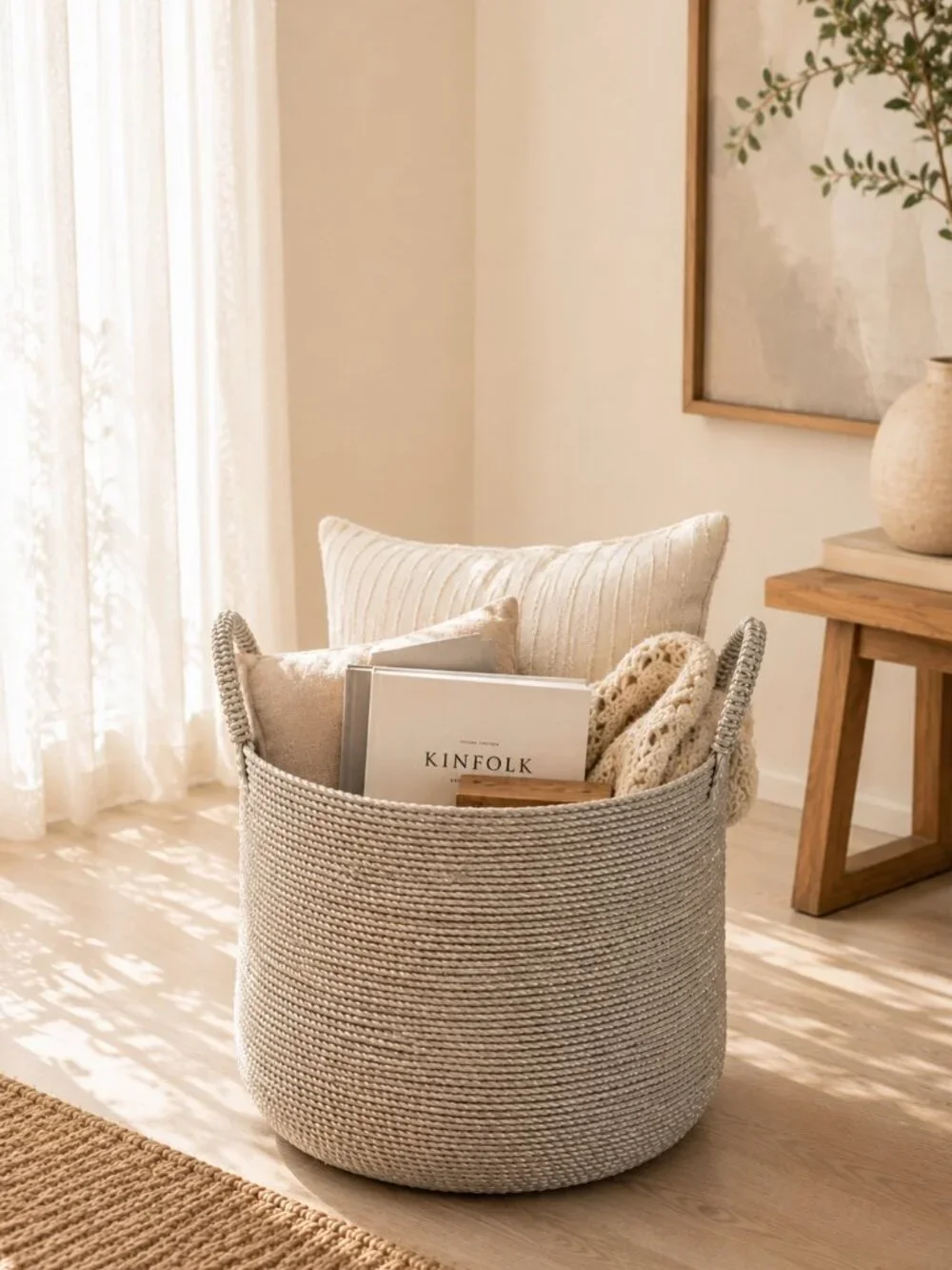 Large Metallic Silver Woven Basket With Sturdy Handles